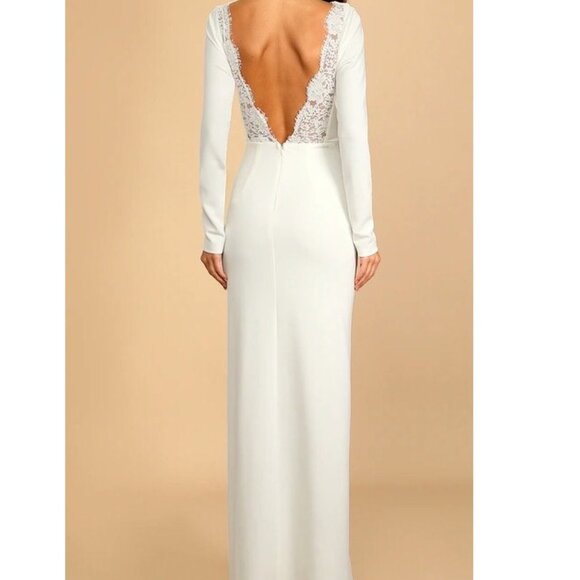 Lulus Romantic White Lace Trim Back Long Sleeve Bridal Wedding Dress Small NWOT - Picture 3 of 8